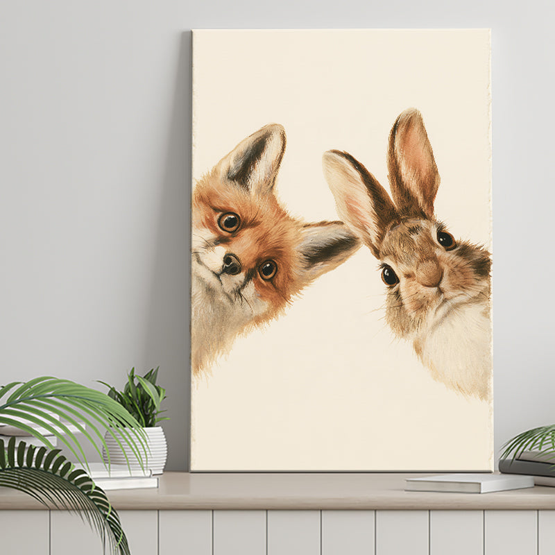 Funny A Fox And A Rabbit Art Print, Kid Room Decor, Pet Lover Painting, Canvas Print Wall Art, Wall Decor