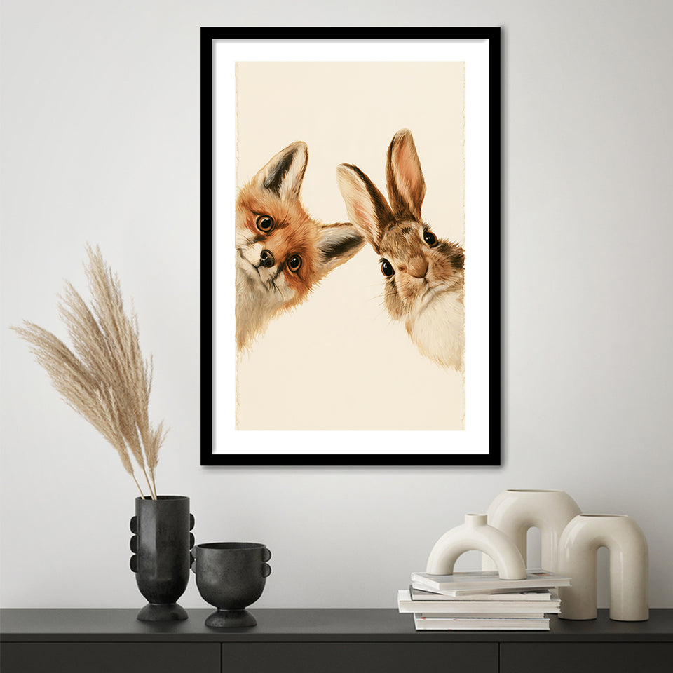 Funny A Fox And A Rabbit Art Print, Kid Room Decor, Pet Lover Painting, Framed Art Print White Border