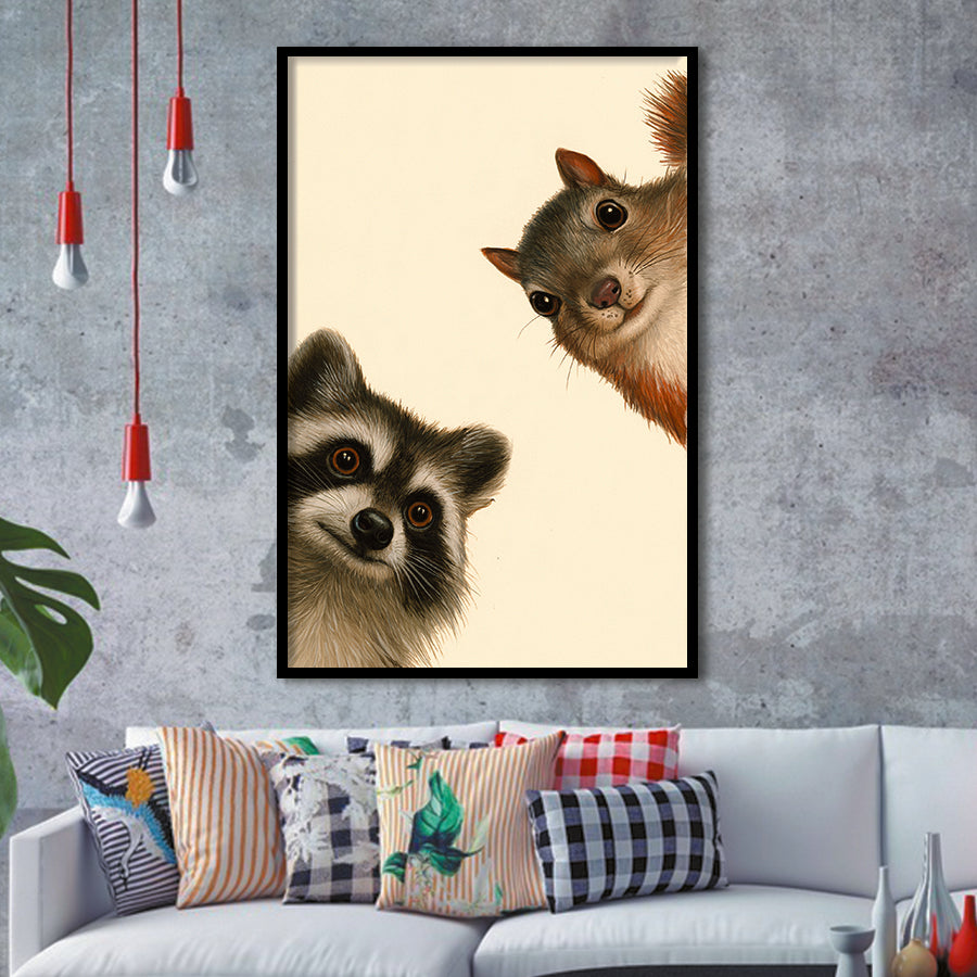 Funny Raccoon And A Squirrel Art, Portrait Art, Animal Wall Art, Pet Lover Art, Framed Art Print, Fine Art Wall Decor