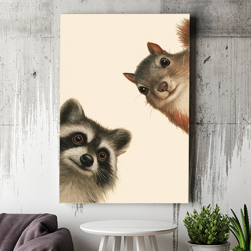 Funny Raccoon And A Squirrel Art, Portrait Art, Animal Wall Art, Pet Lover Art, Canvas Print Wall Art, Wall Decor