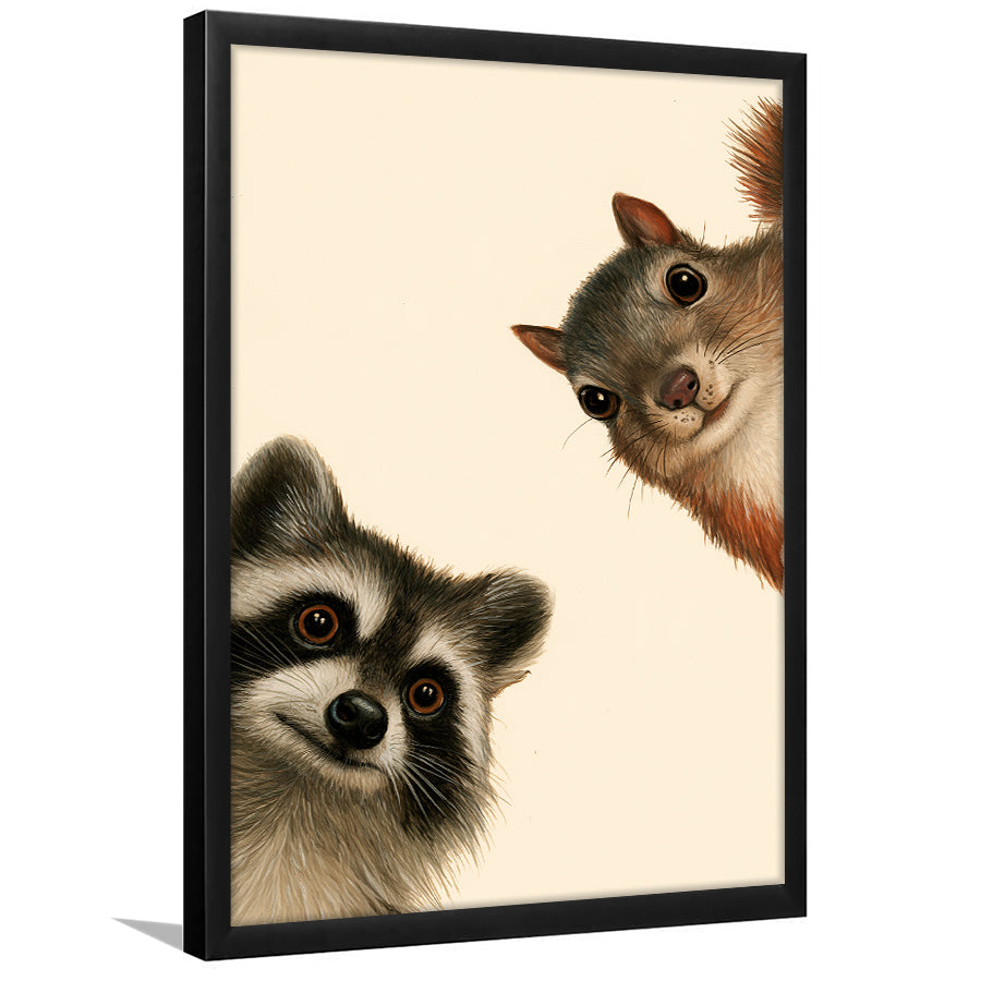 Funny Raccoon And A Squirrel Art, Portrait Art, Animal Wall Art, Pet Lover Art, Framed Art Print, Fine Art Wall Decor