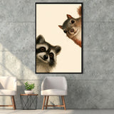 Funny Raccoon And A Squirrel Art, Portrait Art, Animal Wall Art, Pet Lover Art, Framed Canvas Print, Floating Frame