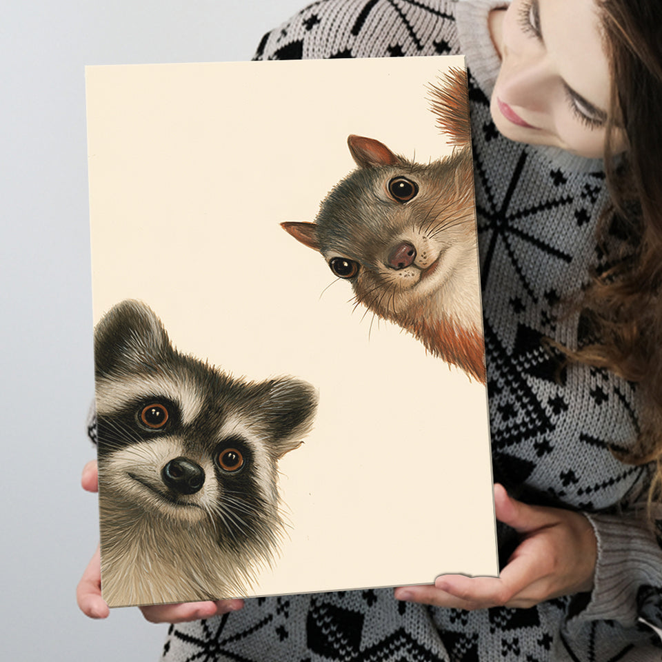 Funny Raccoon And A Squirrel Art, Portrait Art, Animal Wall Art, Pet Lover Art, Canvas Print Wall Art, Wall Decor