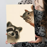 Funny Raccoon And A Squirrel Art, Portrait Art, Animal Wall Art, Pet Lover Art, Canvas Print Wall Art, Wall Decor
