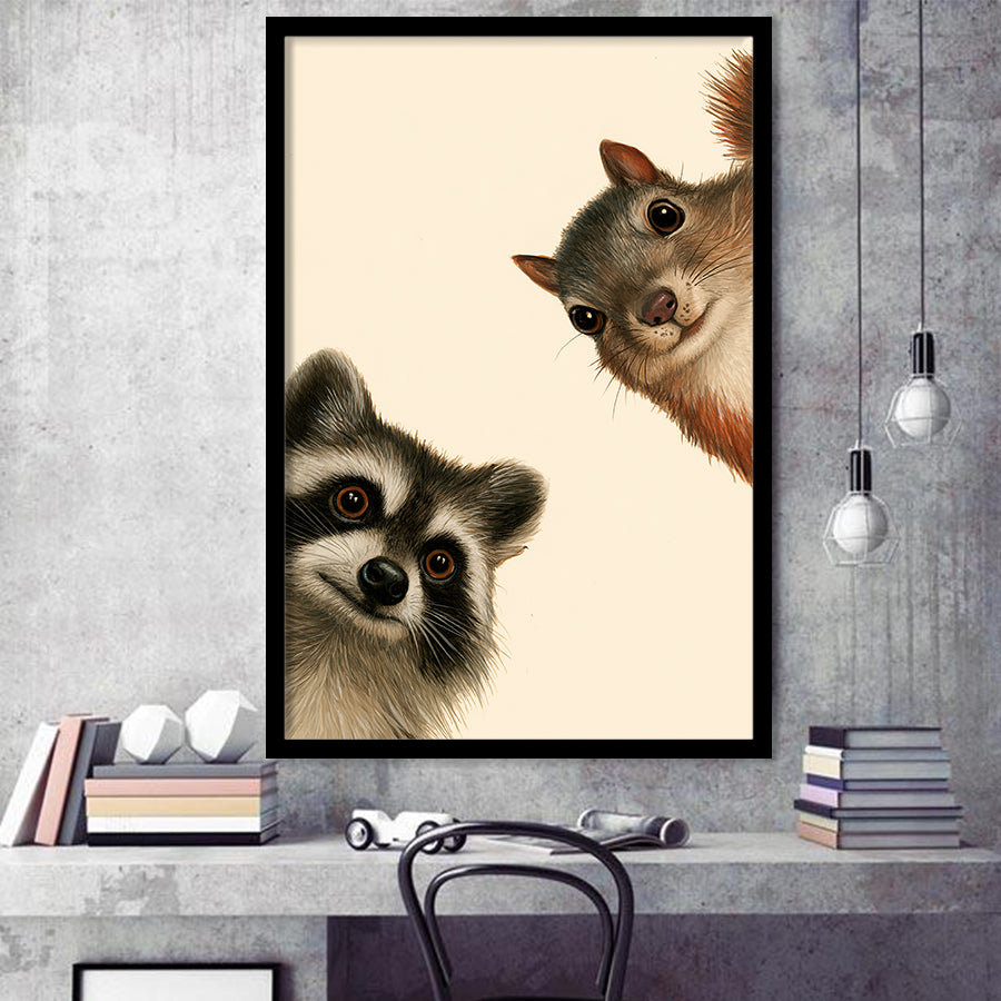 Funny Raccoon And A Squirrel Art, Portrait Art, Animal Wall Art, Pet Lover Art, Framed Art Print, Fine Art Wall Decor