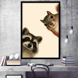 Funny Raccoon And A Squirrel Art, Portrait Art, Animal Wall Art, Pet Lover Art, Framed Art Print, Fine Art Wall Decor