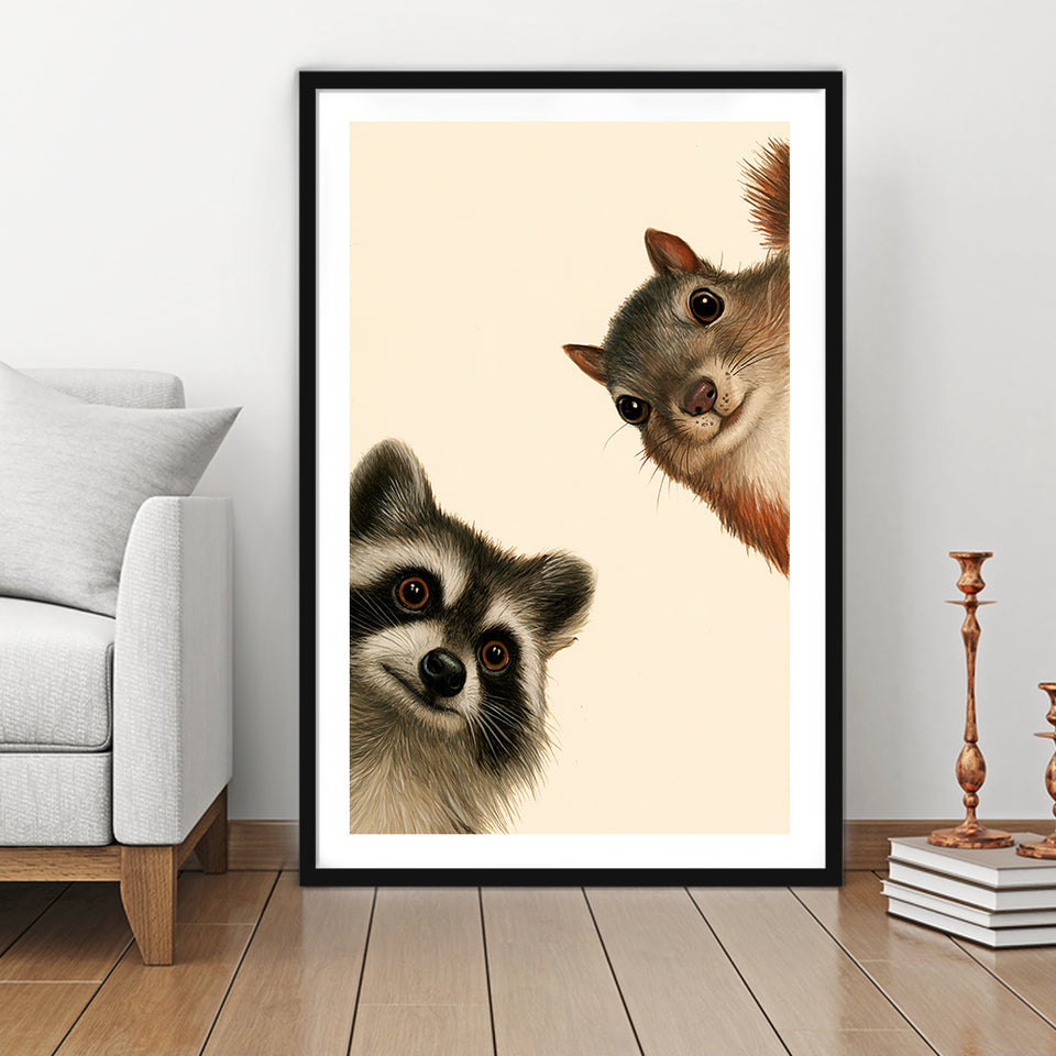 Funny Raccoon And A Squirrel Art, Portrait Art, Animal Wall Art, Pet Lover Art, Framed Art Print White Border