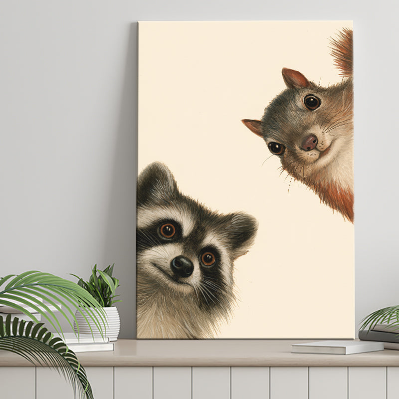 Funny Raccoon And A Squirrel Art, Portrait Art, Animal Wall Art, Pet Lover Art, Canvas Print Wall Art, Wall Decor