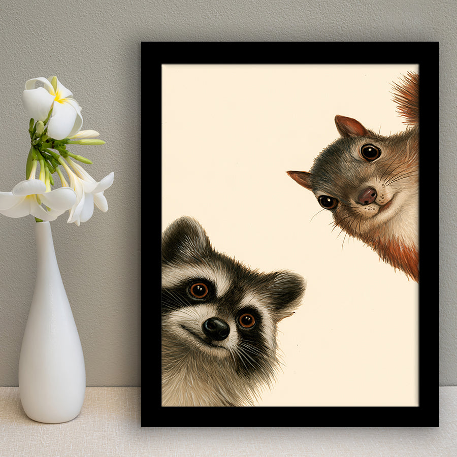 Funny Raccoon And A Squirrel Art, Portrait Art, Animal Wall Art, Pet Lover Art, Framed Art Print, Fine Art Wall Decor
