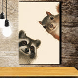 Funny Raccoon And A Squirrel Art, Portrait Art, Animal Wall Art, Pet Lover Art, Canvas Print Wall Art, Wall Decor