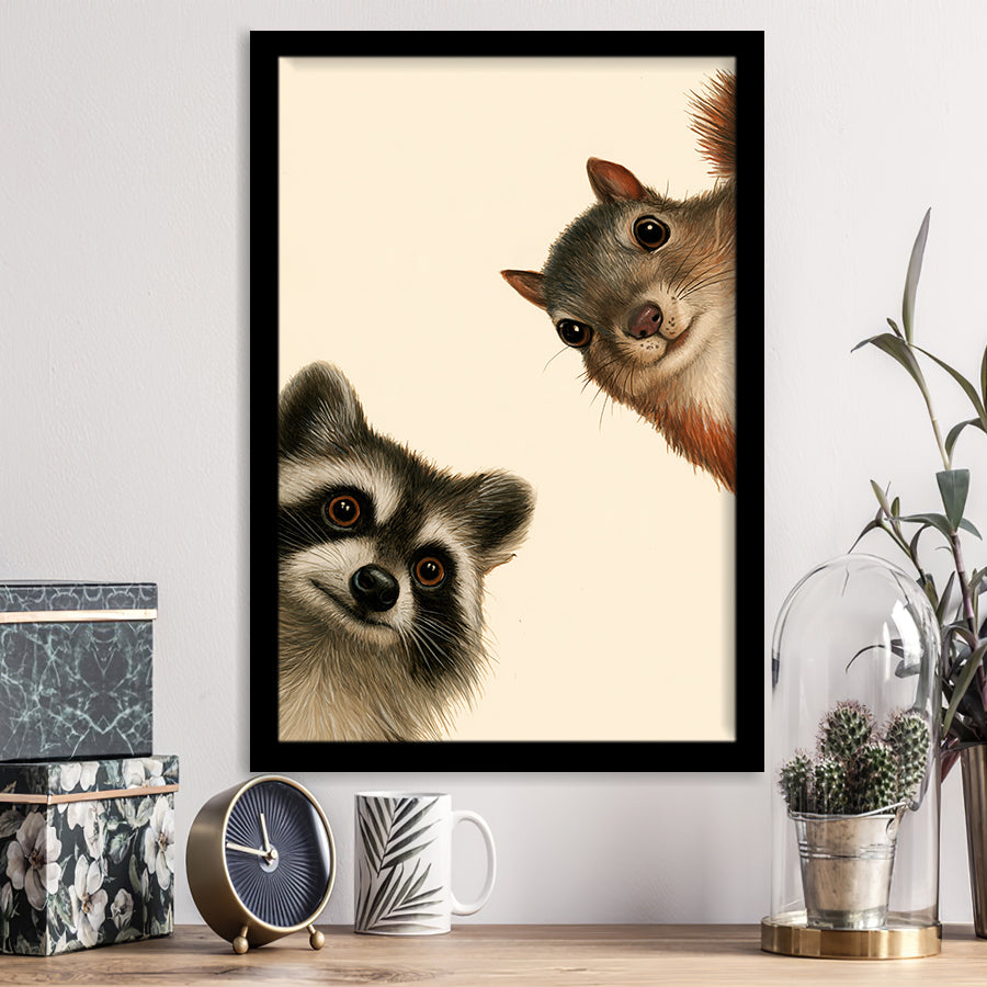 Funny Raccoon And A Squirrel Art, Portrait Art, Animal Wall Art, Pet Lover Art, Framed Art Print, Fine Art Wall Decor