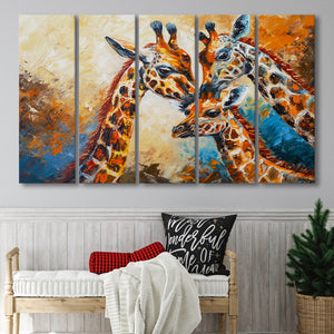 Giraffe Family, Baby Between Mom And Dad, 5 Panels Extra Large Canvas, Canvas Prints Wall Art Decor
