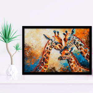 Giraffe Family, Baby Between Mom And Dad, Framed Art Print Wall Decor, Framed Picture