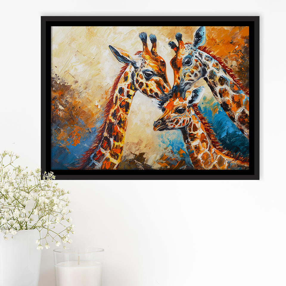 Giraffe Family, Baby Between Mom And Dad, Framed Canvas Painting, Framed Canvas Prints Wall Art Decor