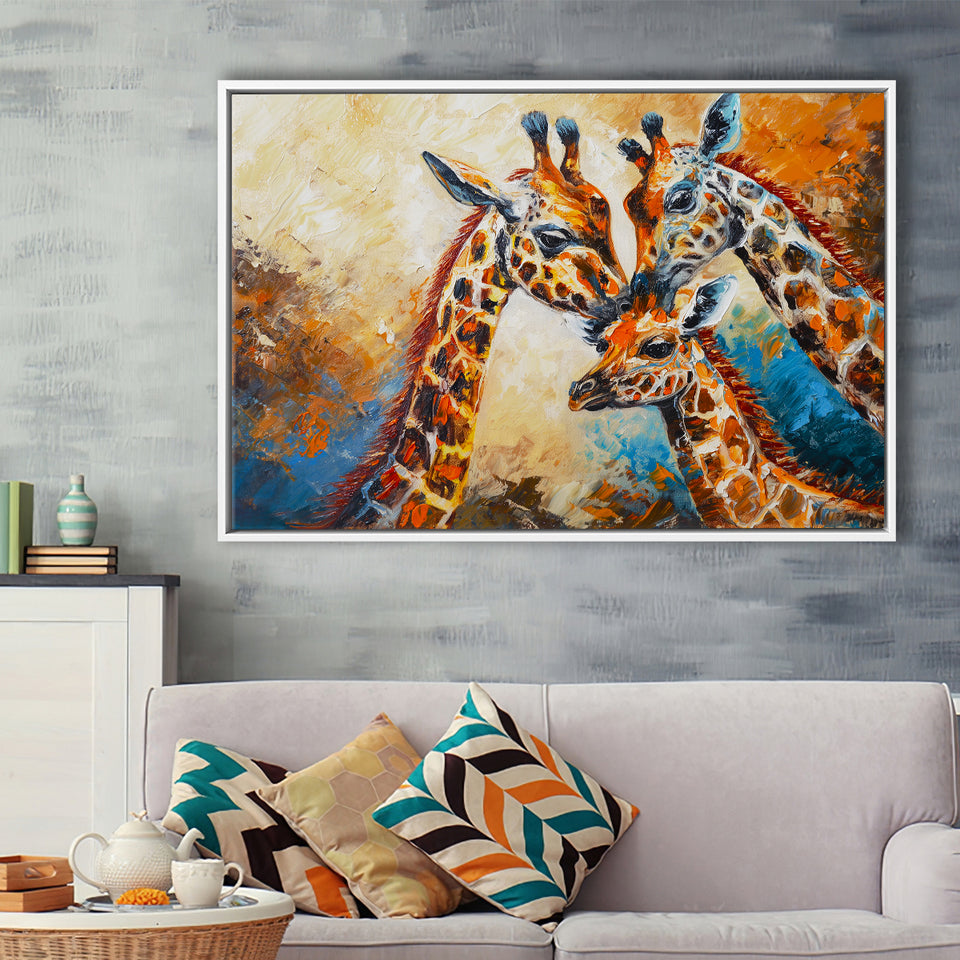 Giraffe Family, Baby Between Mom And Dad, Framed Canvas Painting, Framed Canvas Prints Wall Art Decor