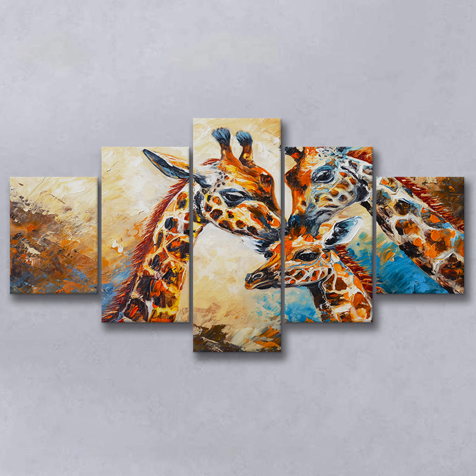 Giraffe Family, Baby Between Mom And Dad, 5 Panels Mixed Large Canvas, Canvas Prints Wall Art Decor