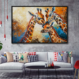 Giraffe Family, Baby Between Mom And Dad, Framed Canvas Painting, Framed Canvas Prints Wall Art Decor