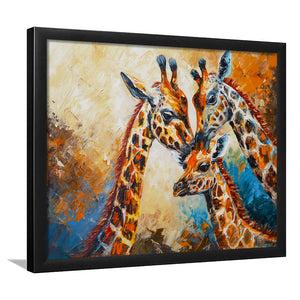 Giraffe Family, Baby Between Mom And Dad, Framed Art Print Wall Decor, Framed Picture