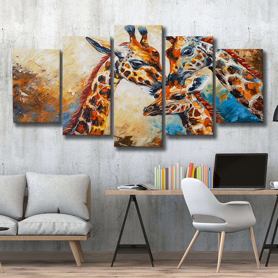 Giraffe Family, Baby Between Mom And Dad, 5 Panels Mixed Large Canvas, Canvas Prints Wall Art Decor
