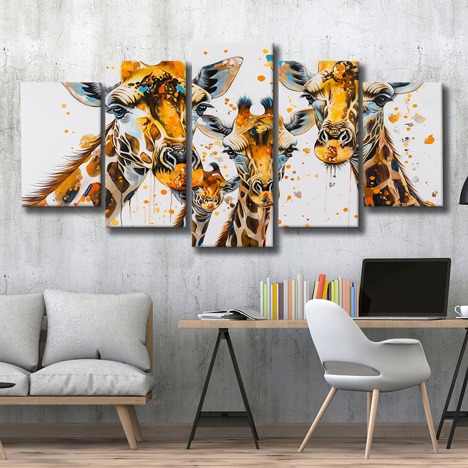 Giraffe Family Oil Painting V1, 5 Panels Mixed Large Canvas, Canvas Prints Wall Art Decor