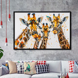Giraffe Family Oil Painting V1, Framed Art Print Wall Decor, Framed Picture