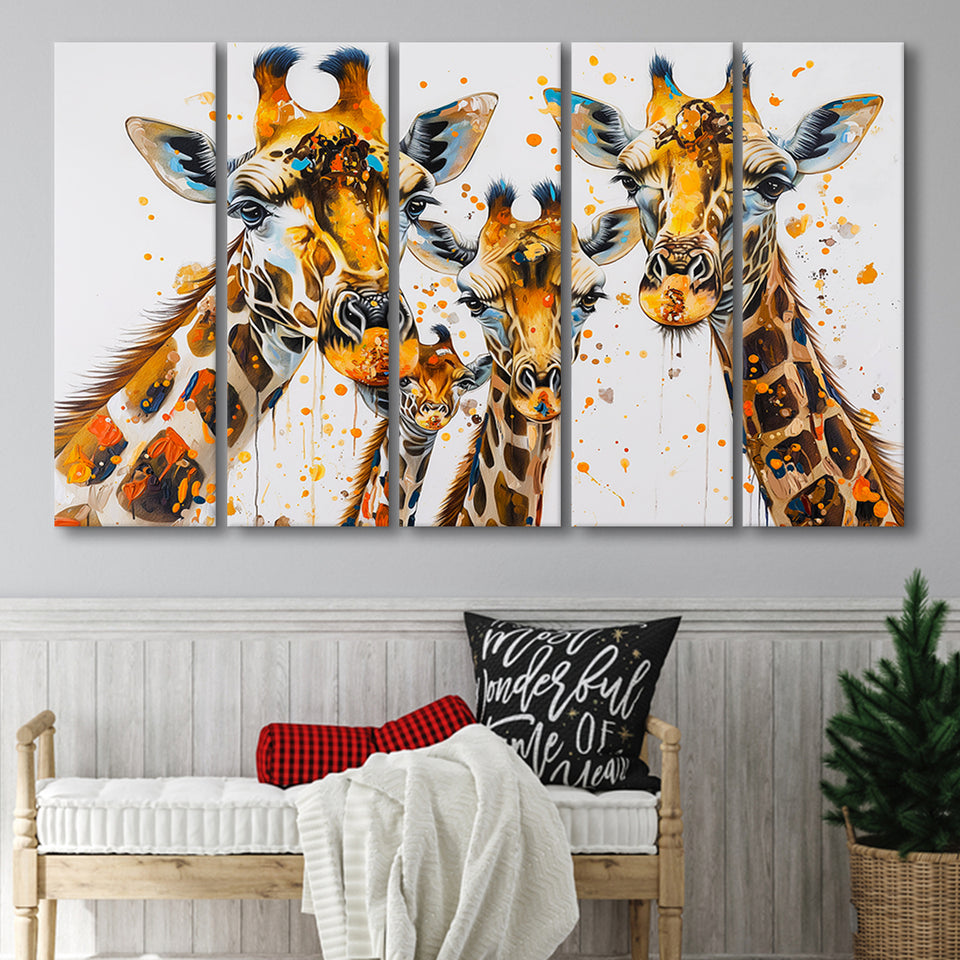 Giraffe Family Oil Painting V1, 5 Panels Extra Large Canvas, Canvas Prints Wall Art Decor