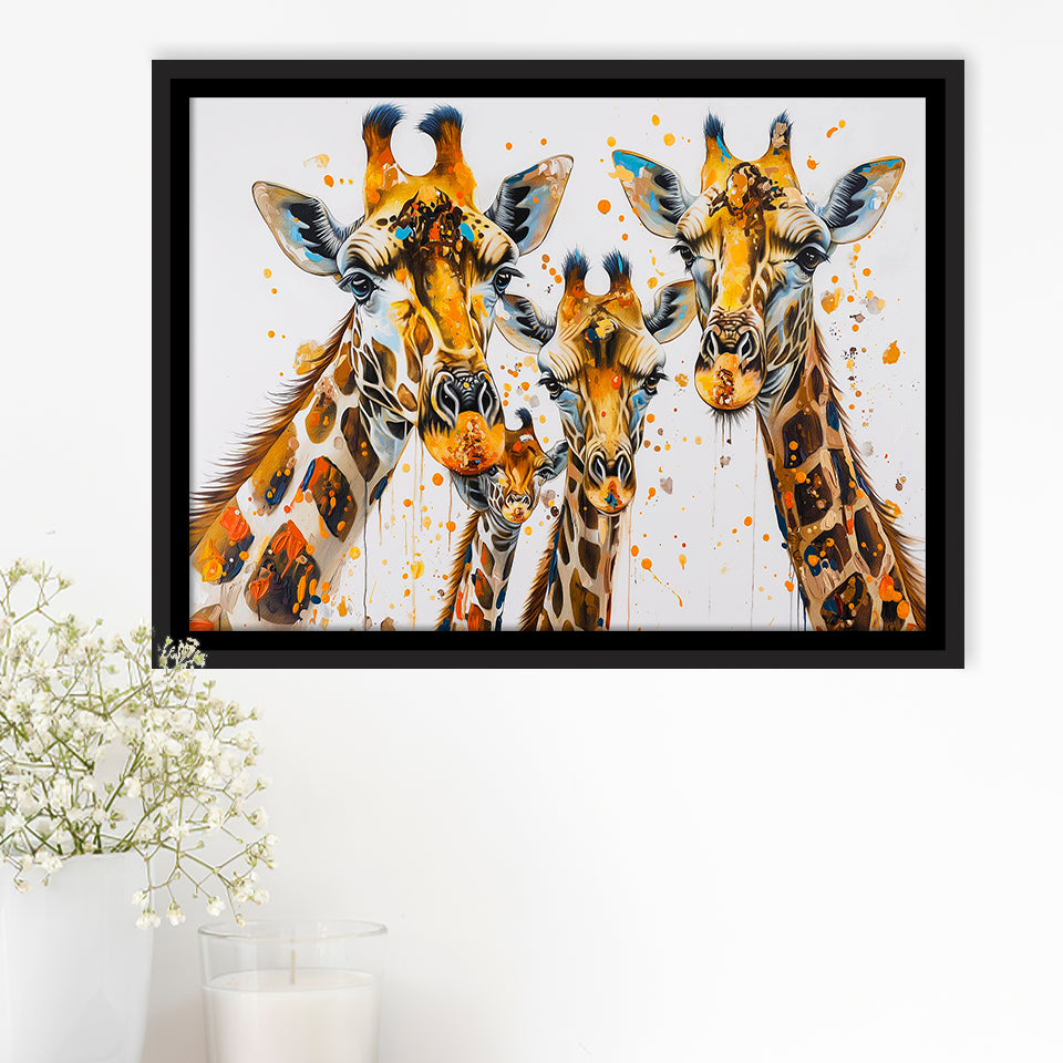 Giraffe Family Oil Painting V1, Framed Canvas Painting, Framed Canvas Prints Wall Art Decor