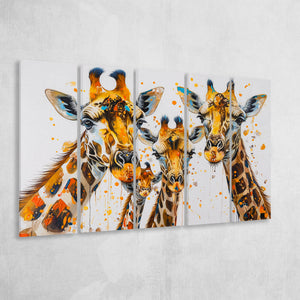 Giraffe Family Oil Painting V1, 5 Panels Extra Large Canvas, Canvas Prints Wall Art Decor