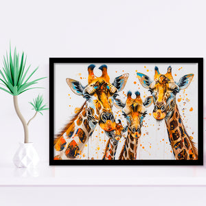 Giraffe Family Oil Painting V1, Framed Art Print Wall Decor, Framed Picture