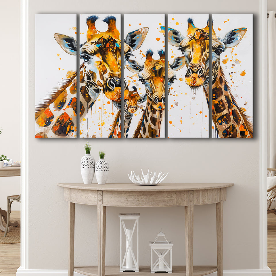 Giraffe Family Oil Painting V1, 5 Panels Extra Large Canvas, Canvas Prints Wall Art Decor