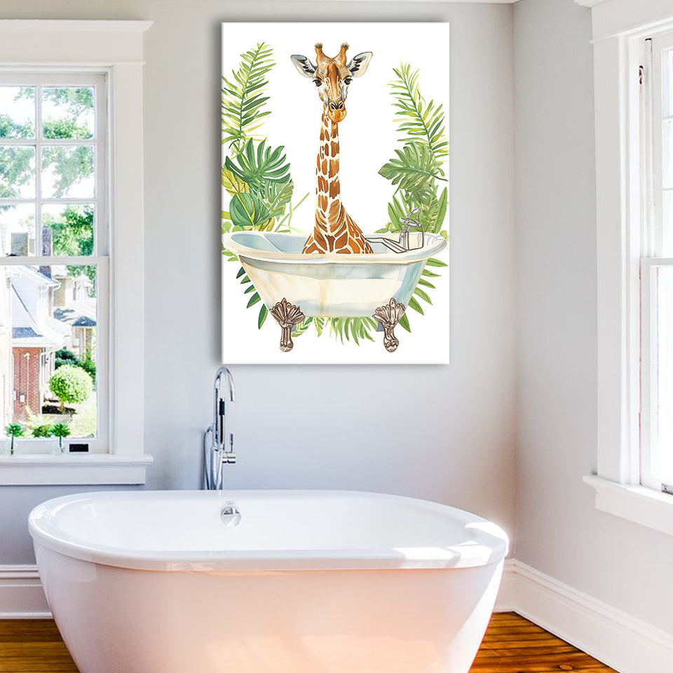 Giraffe In Bathtub African Bathroom Decor Print Funny Canvas Prints Wall Art, Bathroom Art Decor,