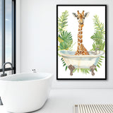 Giraffe In Bathtub African Bathroom Decor Print Funny Framed Art Print Wall Decor, Bathroom Framed Art Decor