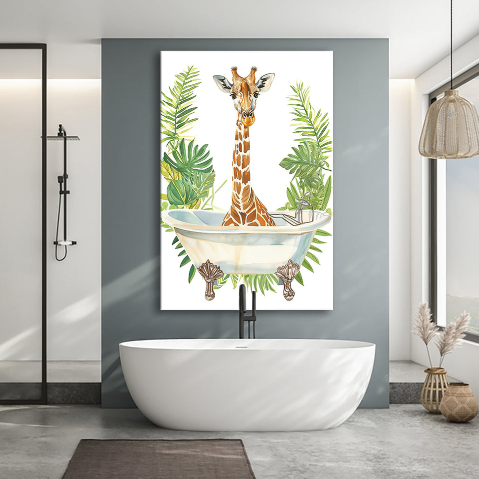 Giraffe In Bathtub African Bathroom Decor Print Funny Canvas Prints Wall Art, Bathroom Art Decor,