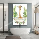 Giraffe In Bathtub African Bathroom Decor Print Funny Canvas Prints Wall Art, Bathroom Art Decor,