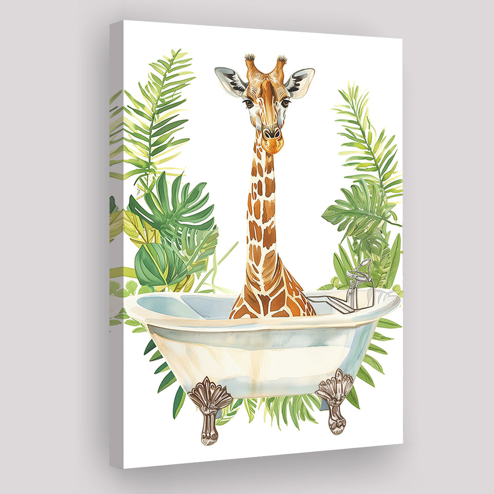 Giraffe In Bathtub African Bathroom Decor Print Funny Canvas Prints Wall Art, Bathroom Art Decor,