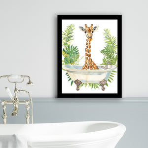 Giraffe In Bathtub African Bathroom Decor Print Funny Framed Art Print Wall Decor, Bathroom Framed Art Decor