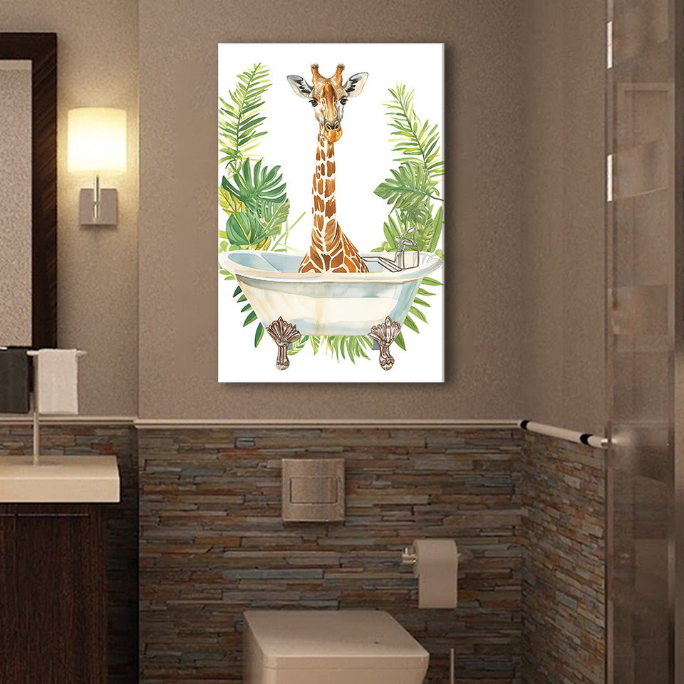 Giraffe In Bathtub African Bathroom Decor Print Funny Canvas Prints Wall Art, Bathroom Art Decor,