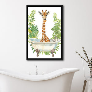 Giraffe In Bathtub African Bathroom Decor Print Funny Framed Canvas Prints Wall Art, Bathroom Framed Art Decor