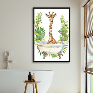 Giraffe In Bathtub African Bathroom Decor Print Funny Framed Canvas Prints Wall Art, Bathroom Framed Art Decor