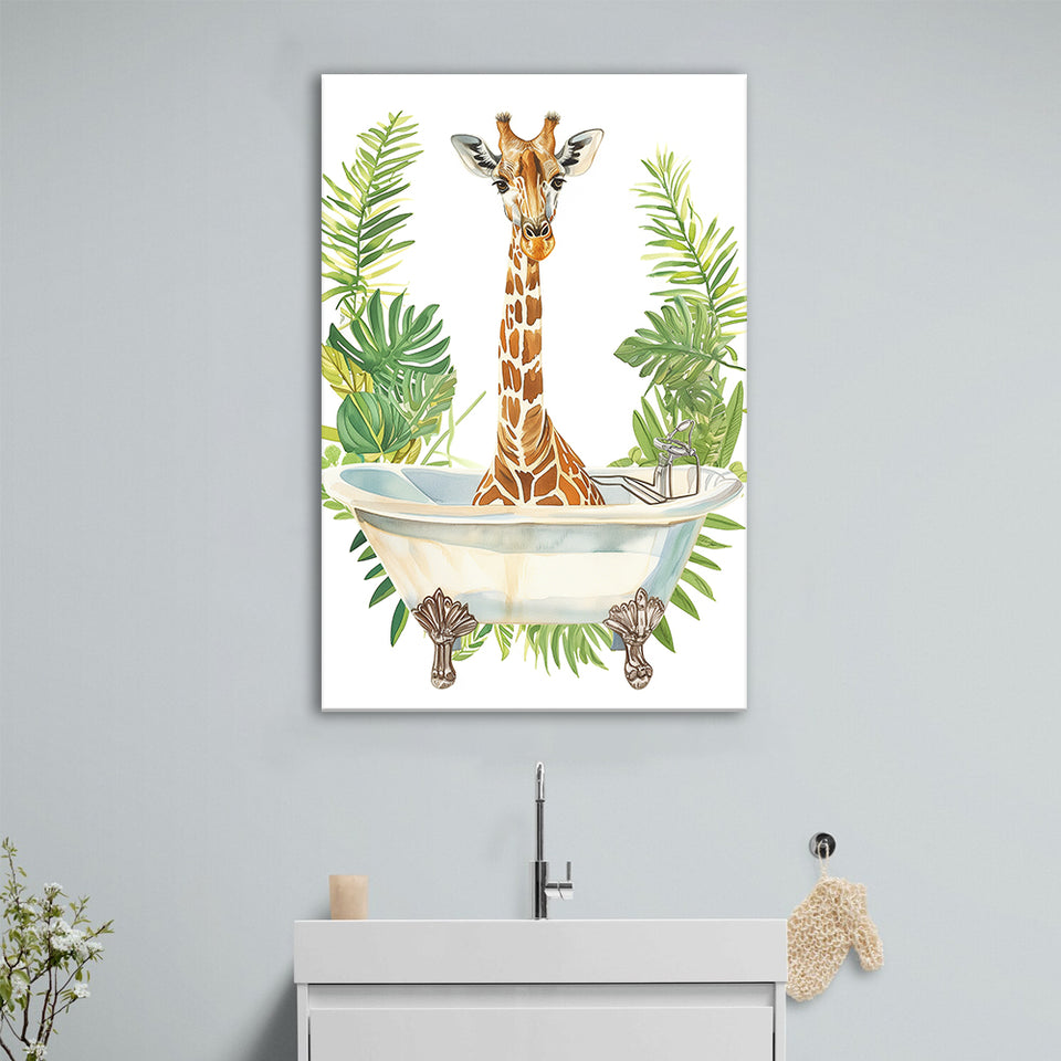 Giraffe In Bathtub African Bathroom Decor Print Funny Canvas Prints Wall Art, Bathroom Art Decor,
