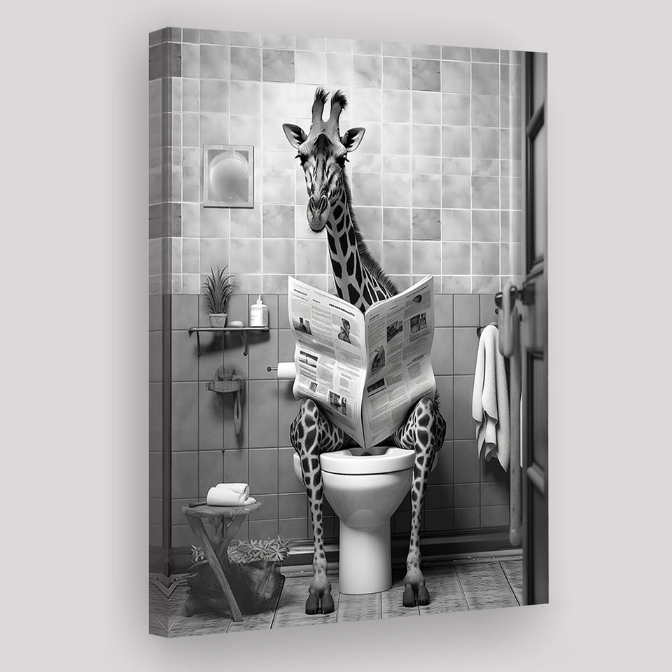 Giraffe Print Canvas Prints Wall Art, Funny Bathroom Decor, Giraffe in Toilet
