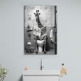 Giraffe Print Canvas Prints Wall Art, Funny Bathroom Decor, Giraffe in Toilet
