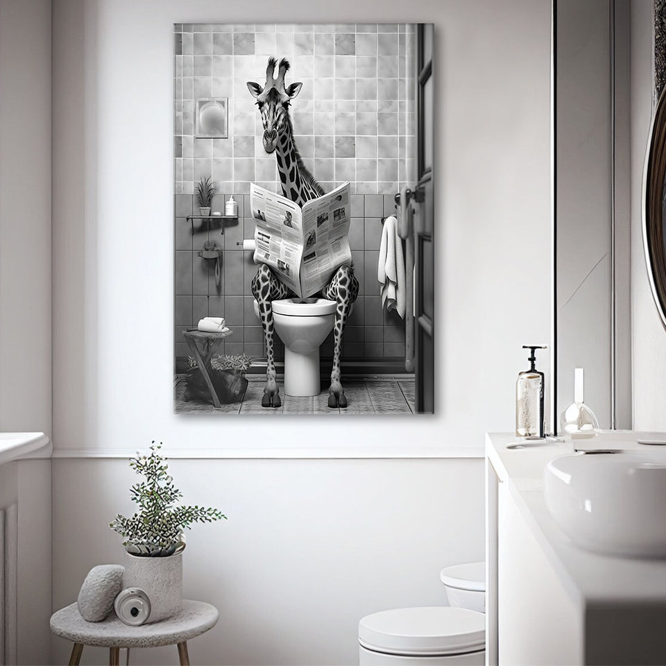 Giraffe Print Canvas Prints Wall Art, Funny Bathroom Decor, Giraffe in Toilet