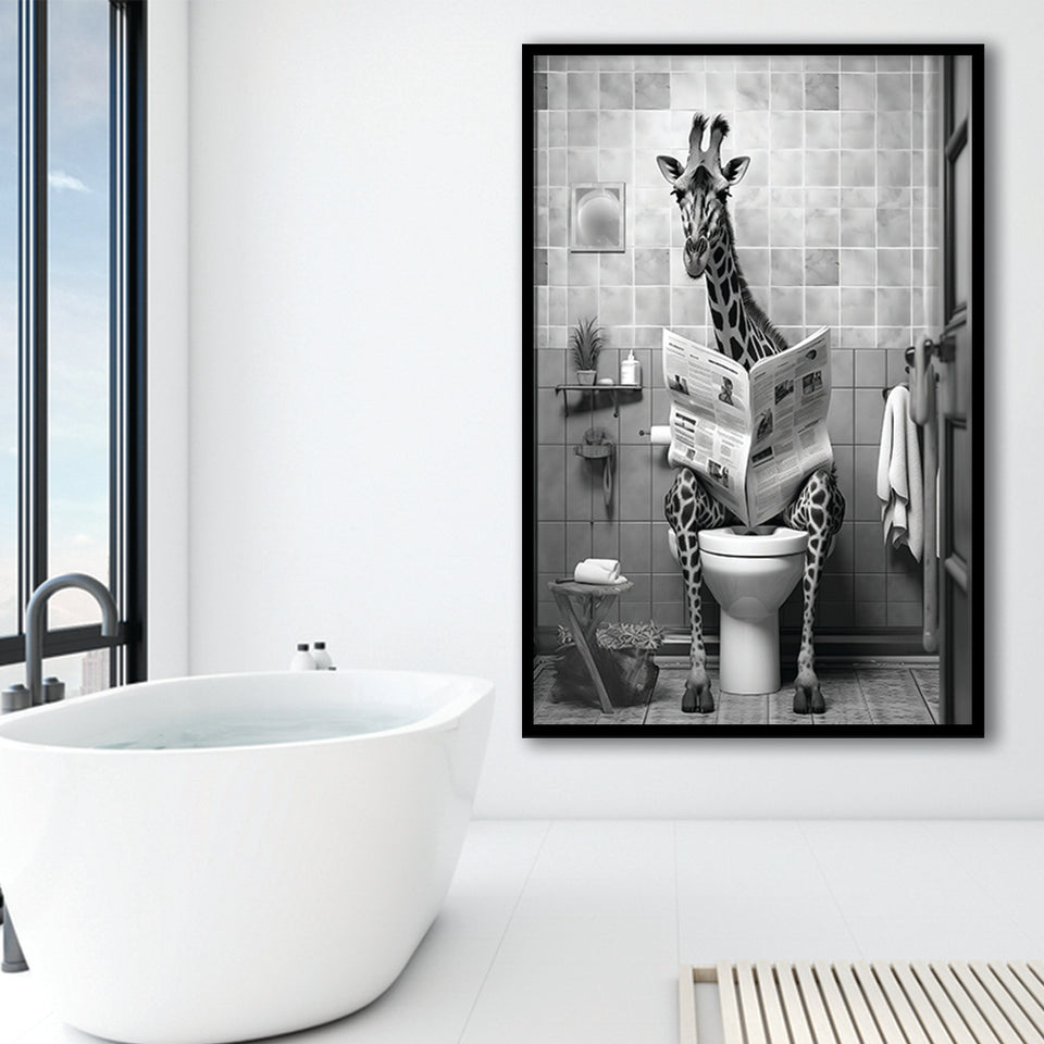 Giraffe Print Framed Art Print Wall Decor, Funny Bathroom Decor, Giraffe In Toilet