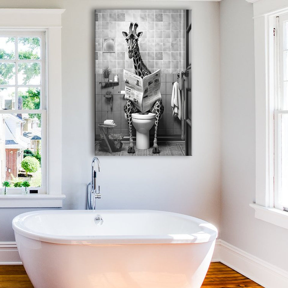 Giraffe Print Canvas Prints Wall Art, Funny Bathroom Decor, Giraffe in Toilet