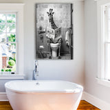 Giraffe Print Canvas Prints Wall Art, Funny Bathroom Decor, Giraffe in Toilet
