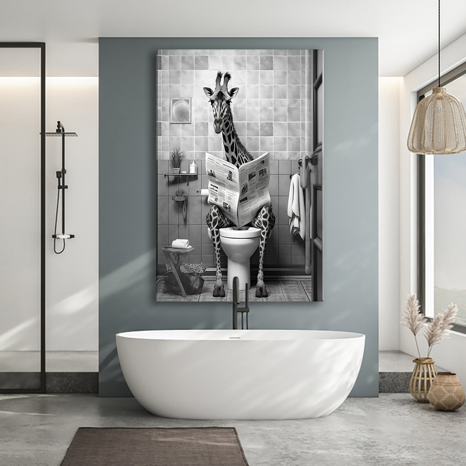 Giraffe Print Canvas Prints Wall Art, Funny Bathroom Decor, Giraffe in Toilet