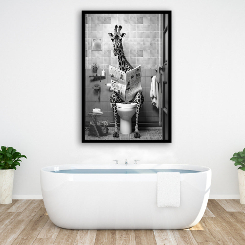 Giraffe Print Framed Art Print Wall Decor, Funny Bathroom Decor, Giraffe In Toilet