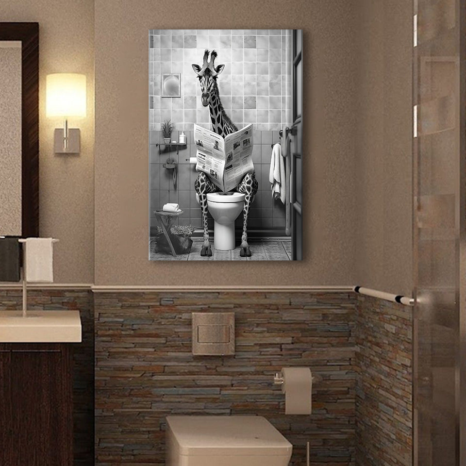 Giraffe Print Canvas Prints Wall Art, Funny Bathroom Decor, Giraffe in Toilet