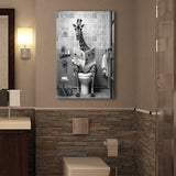 Giraffe Print Canvas Prints Wall Art, Funny Bathroom Decor, Giraffe in Toilet